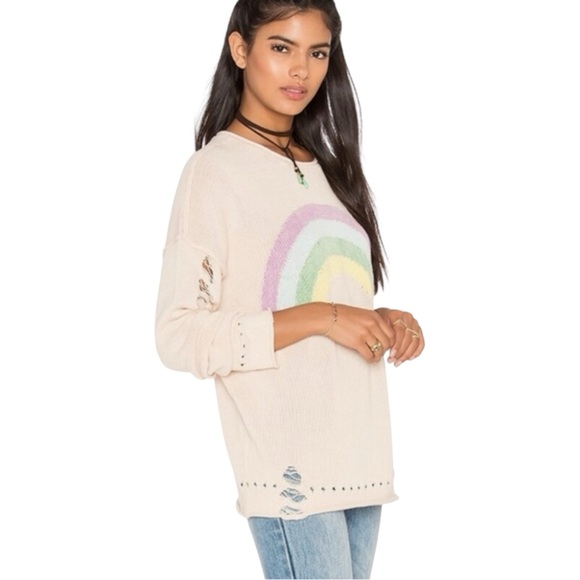 wildfox couture sky high rainbow distressed pink sweater, sz XS - Picture 8 of 9